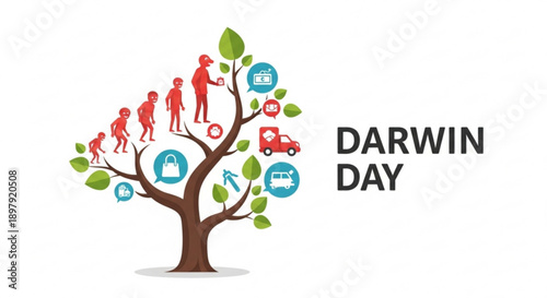 Darwin day illustration featuring human evolution stages on tree branches with various icons and text