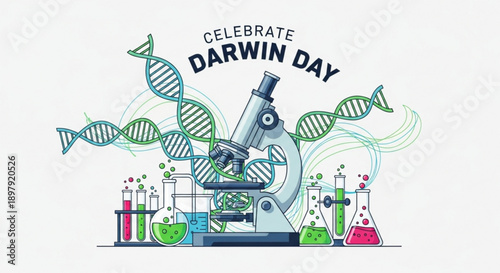Celebrate darwin day with science lab equipment and dna strands illustration