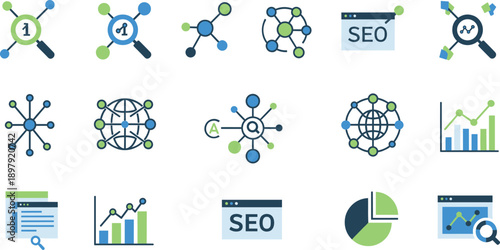 SEO and Digital Marketing Analytics Icon Set Featuring Search Optimization, Data Analysis, Network Growth, Web Statistics, and Performance Tracking Concepts