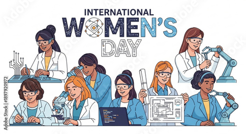 Diverse women in lab coats working with technology on international women's day celebrating female empowerment in science and engineering