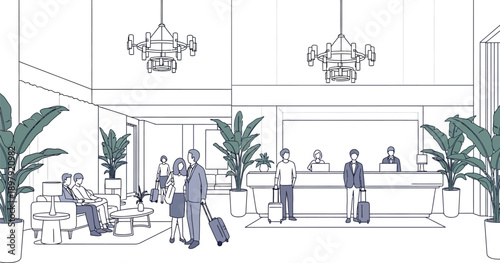 Guests arriving and checking in at a modern hotel reception area featuring luxurious decor and staff attending to customer service needs