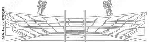 Minimalist line art drawing of a large outdoor stadium featuring tall goalposts and bright floodlights ready for nighttime sports action