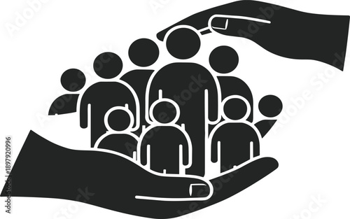 Community Protection and Social Care Icon Illustration Showing Group of People Sheltered by Helping Hands Representing Safety Support Trust and Collective Care
