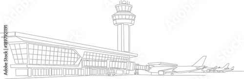 Simple black and white line art drawing depicts a modern international airport terminal building featuring a control tower and several parked commercial jet airplanes on the tarmac.
