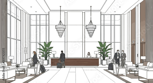 People checking in and interacting in the expansive, modern hotel lobby featuring tall windows and elegant marble design elements
