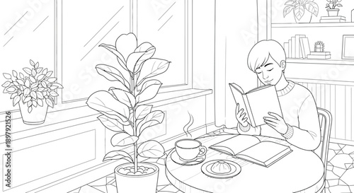 Young person enjoying quiet leisure time reading a book with a warm beverage in a cozy room filled with indoor plants