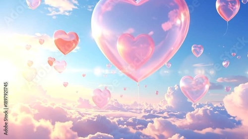 Dreamy sky filled with heart-shaped balloons floating above f clouds, creating a romantic atmosphere.