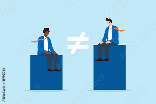 Flat illustration of two businessmen sitting on unequal platforms divided by inequality symbol representing racism social gap economic disparity unfair opportunity and discrimination