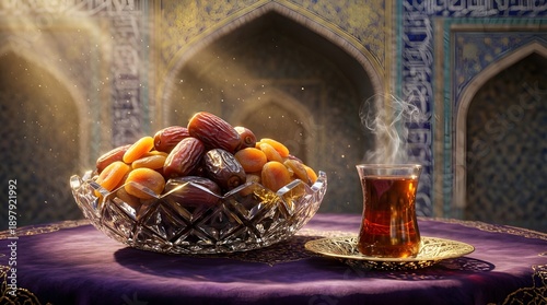 Dates and Tea for Iftar Ramadan with Mosque Background - AI Generated