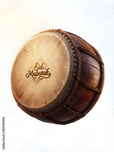 Traditional Wooden Bedug Drum with Eid Mubarak Text Isolated on White - AI Generated