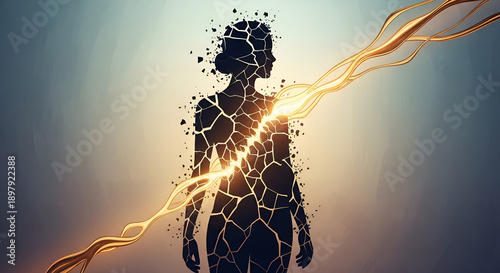 broken silhouette gently repairing itself with golden light, representing resilience, healing, and embracing imperfections, emotional conceptual art.