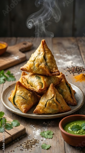 Steaming Fried Samosas Stack on Wooden Board - AI Generated