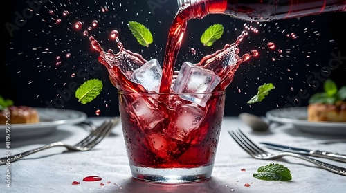 Red Hibiscus Juice Splash with Ice and Mint - AI Generated