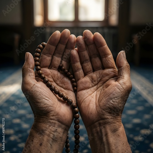 Elderly Hands Holding Prayer Beads in Mosque - AI Generated