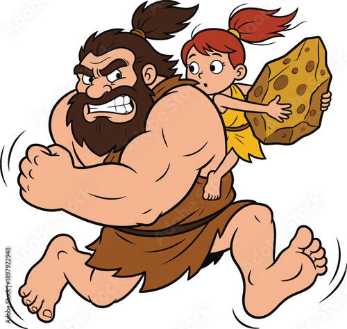 Cartoon caveman and cavegirl running with stone, prehistoric family illustration, stone age characters, vector artwork for education