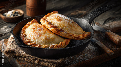 Two appetizing pasties, freshly baked and presented in a skillet