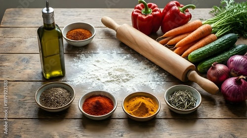Fresh cooking ingredients and spices on wooden table - AI Generated