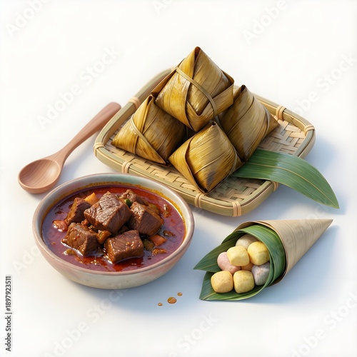 Traditional Ketupat and Beef Rendang Meal Set Isolated on White - AI Generated