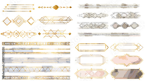 Geometric decorative frames dividers and borders in gold silver and pastel tones. Elegant modern elements ideal for branding invitations certificates and graphic layouts.