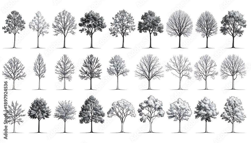 Fototapeta premium Collection of Hand-Drawn Tree Illustrations in Various Styles.