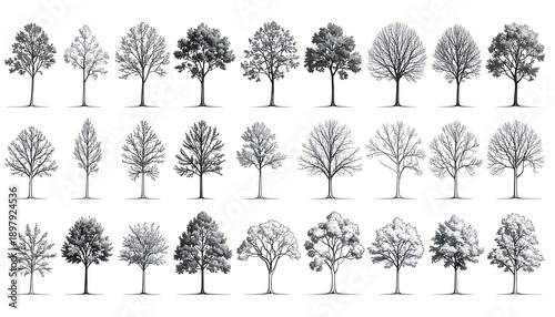 Collection of Hand-Drawn Tree Illustrations in Various Styles.