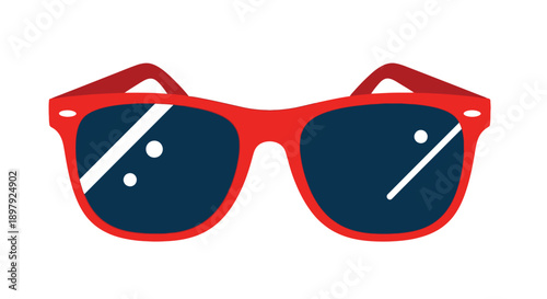 Stylized red sunglasses with blue lenses and white reflections displayed
