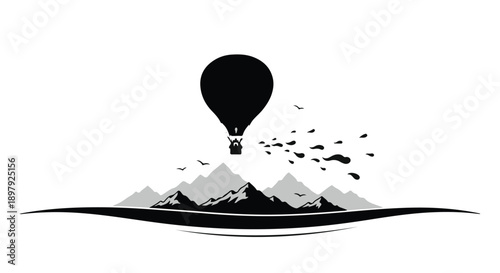 Hot air balloon soaring above majestic mountains, carrying a sense of adventure and freedom.
