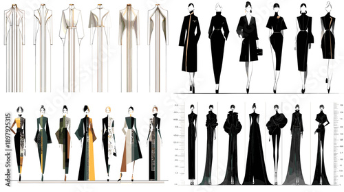 Fashion illustration set of elegant black and neutral outfit silhouettes. Modern clothing figures perfect for editorial branding lookbooks posters and runway inspired designs.