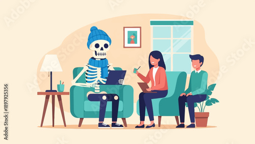 Skeleton in cozy attire consults with two humans on a couch