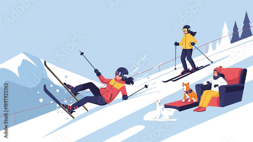 Skiers, dogs, and a person relaxing by a mountain slope