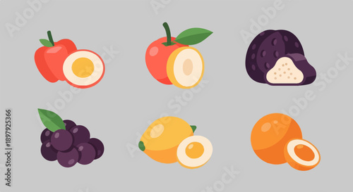 Six stylized fruits and a pastry shown against a grey background