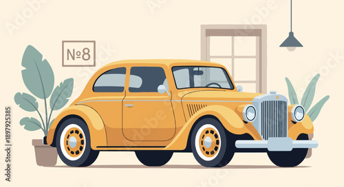 Retro yellow coupe parked indoors with plants and a hanging lamp