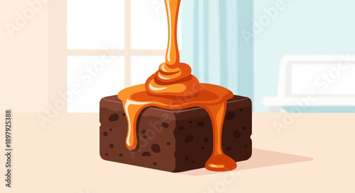 Rich chocolate brownie topped with a cascade of warm, glossy caramel sauce