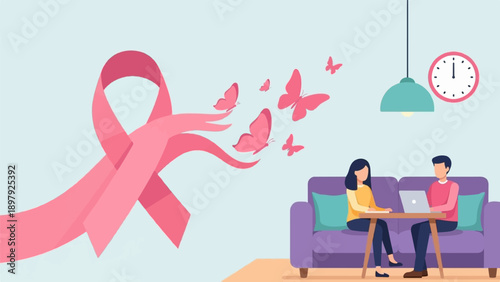 Ribbon and butterflies symbolize hope, people work together at a table