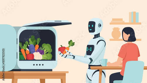 Robot assisting person with fresh vegetables from a futuristic cooler
