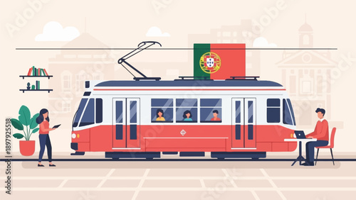 Stylized illustration of a red and white tram adorned with Portugal's flag