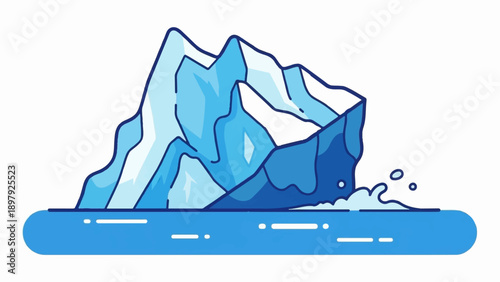 Stylized illustration of a large blue iceberg with jagged peaks floating in calm water
