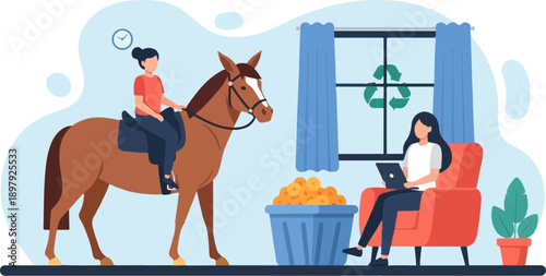 Stylized illustration of a person riding a horse indoors while another person relaxes
