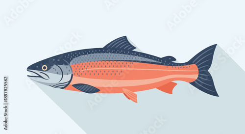 Stylized illustration of a salmon with pink, gray, and blue tones