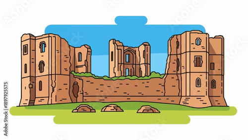 Stylized illustration of a weathered stone castle ruin against a blue sky