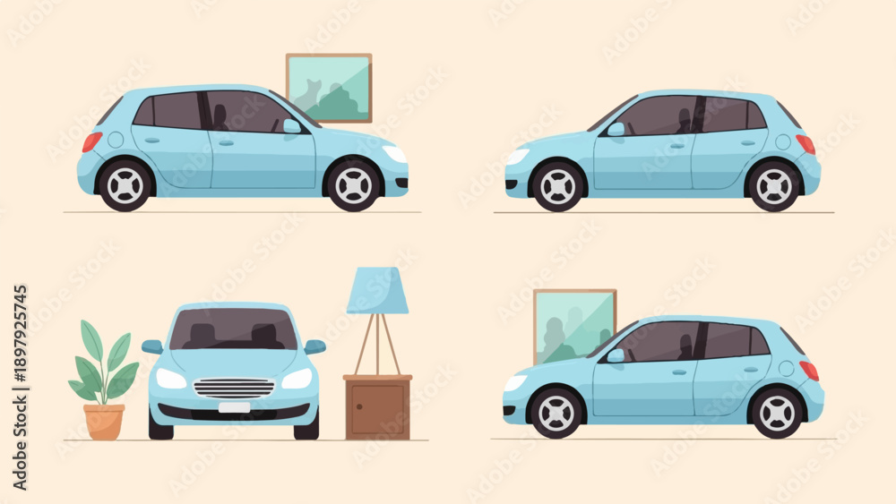 Naklejka premium Three blue cars shown from different angles with indoor elements