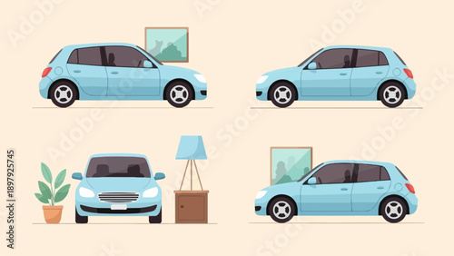 Three blue cars shown from different angles with indoor elements