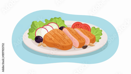 Sliced grilled chicken breast with salad and olives on a plate