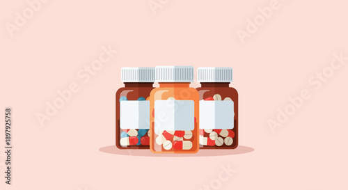 Three bottles of colorful pills and capsules are lined up on a pastel pink background