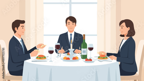 Three business professionals enjoying a candlelit dinner, with wine and appetizers