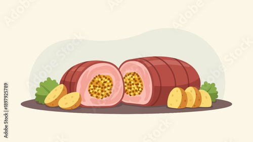 Sliced pork roast with mustard seeds, potatoes, and greens