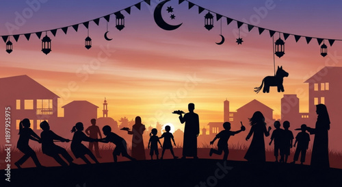 Silhouette of people celebrating eid al fitr with lanterns and crescent moon at sunset