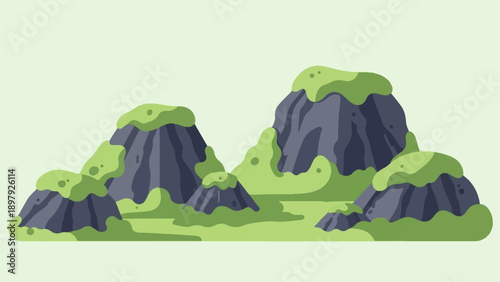 Stylized moss-covered rock formations against a pale green backdrop
