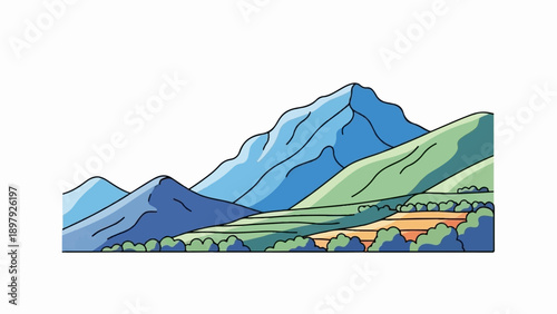 Stylized mountain landscape with layered hills and fields