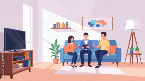 Three people in a living room with a TV, couch, lamp, and art
